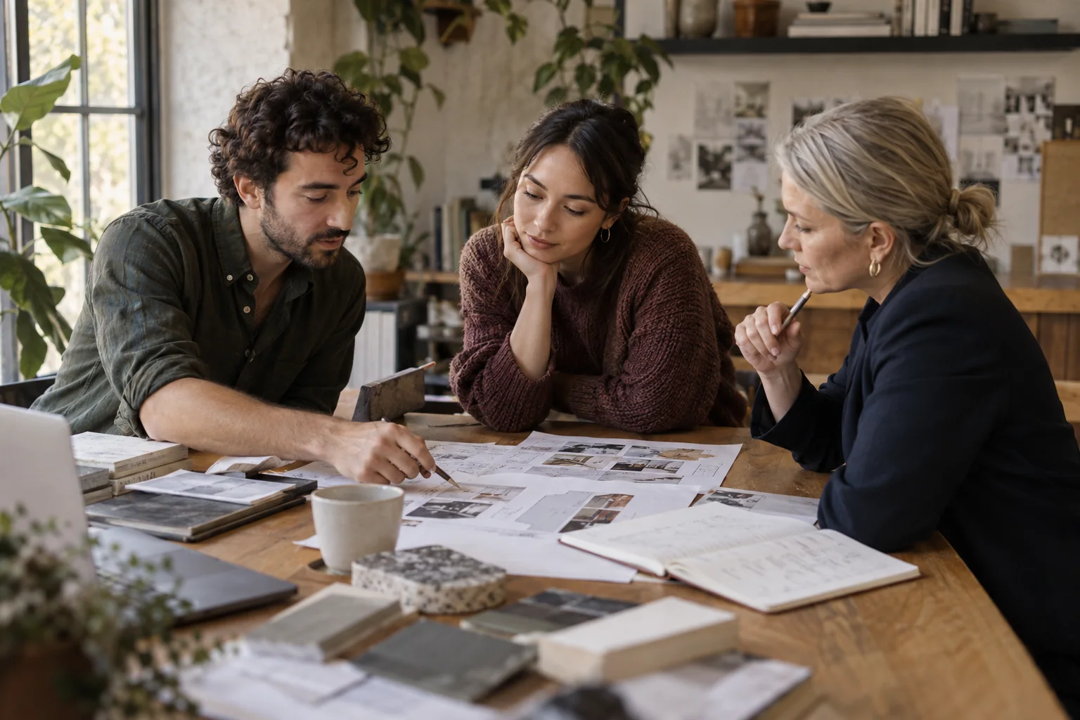 People working through ideas and printed page plans at a shared table