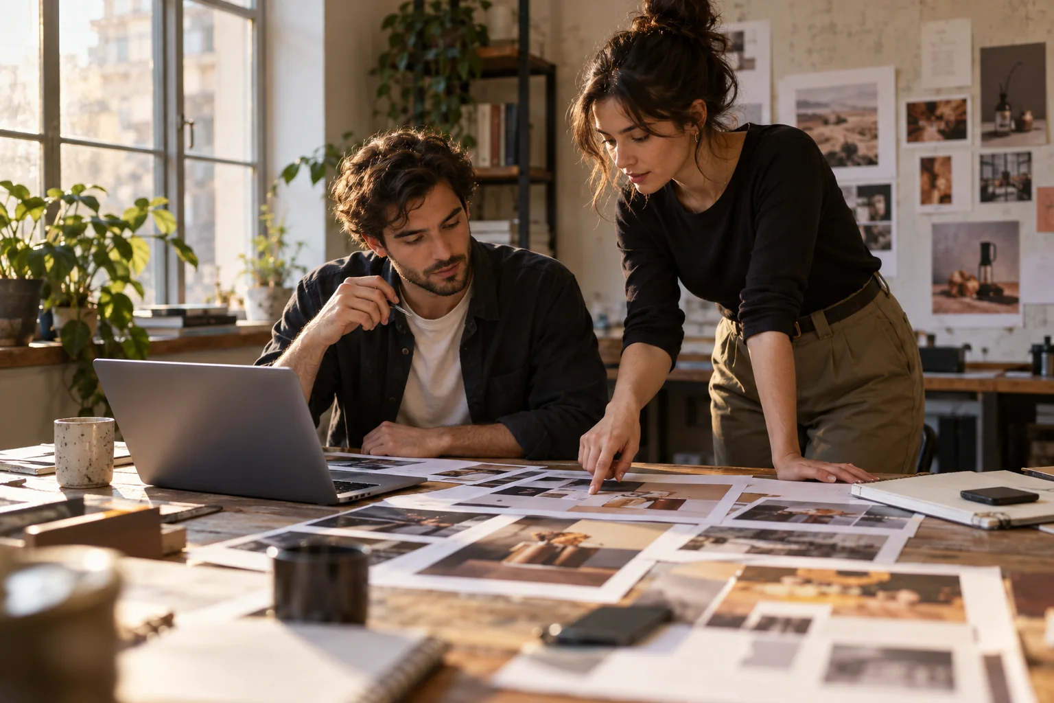 Two campaign strategists assessing advertising creative at a worktable
