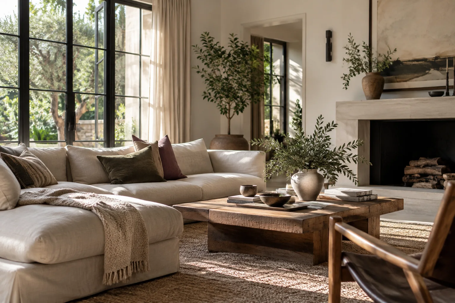 Sunlit residential interior with textured natural materials