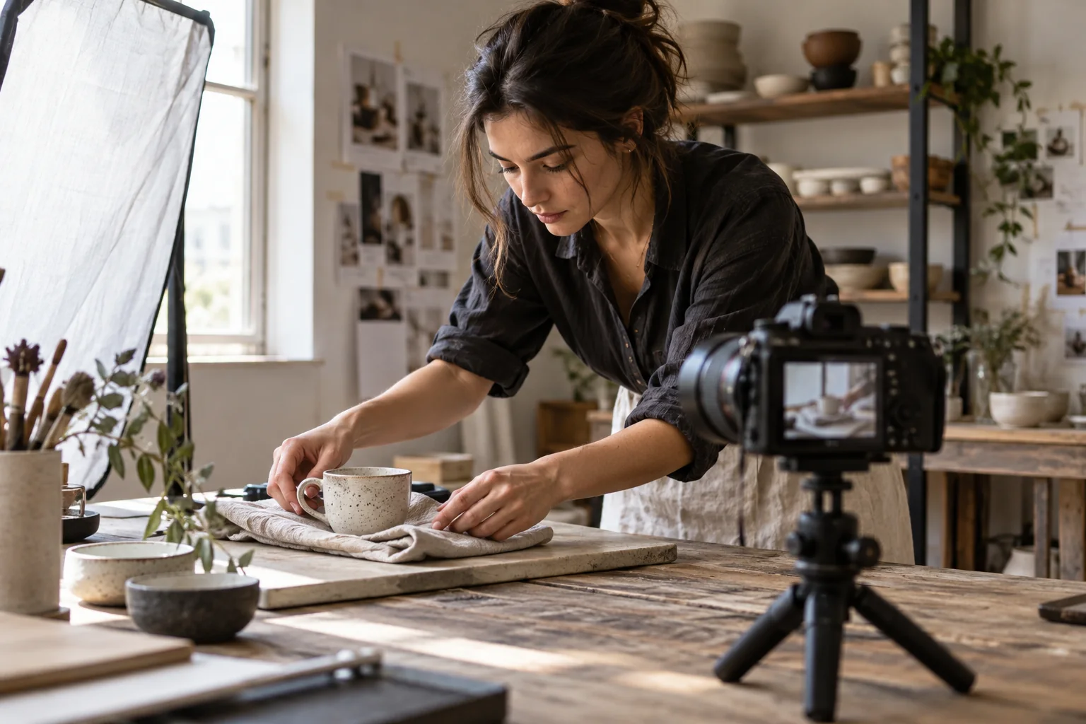 A small business owner preparing products for a campaign photo shoot