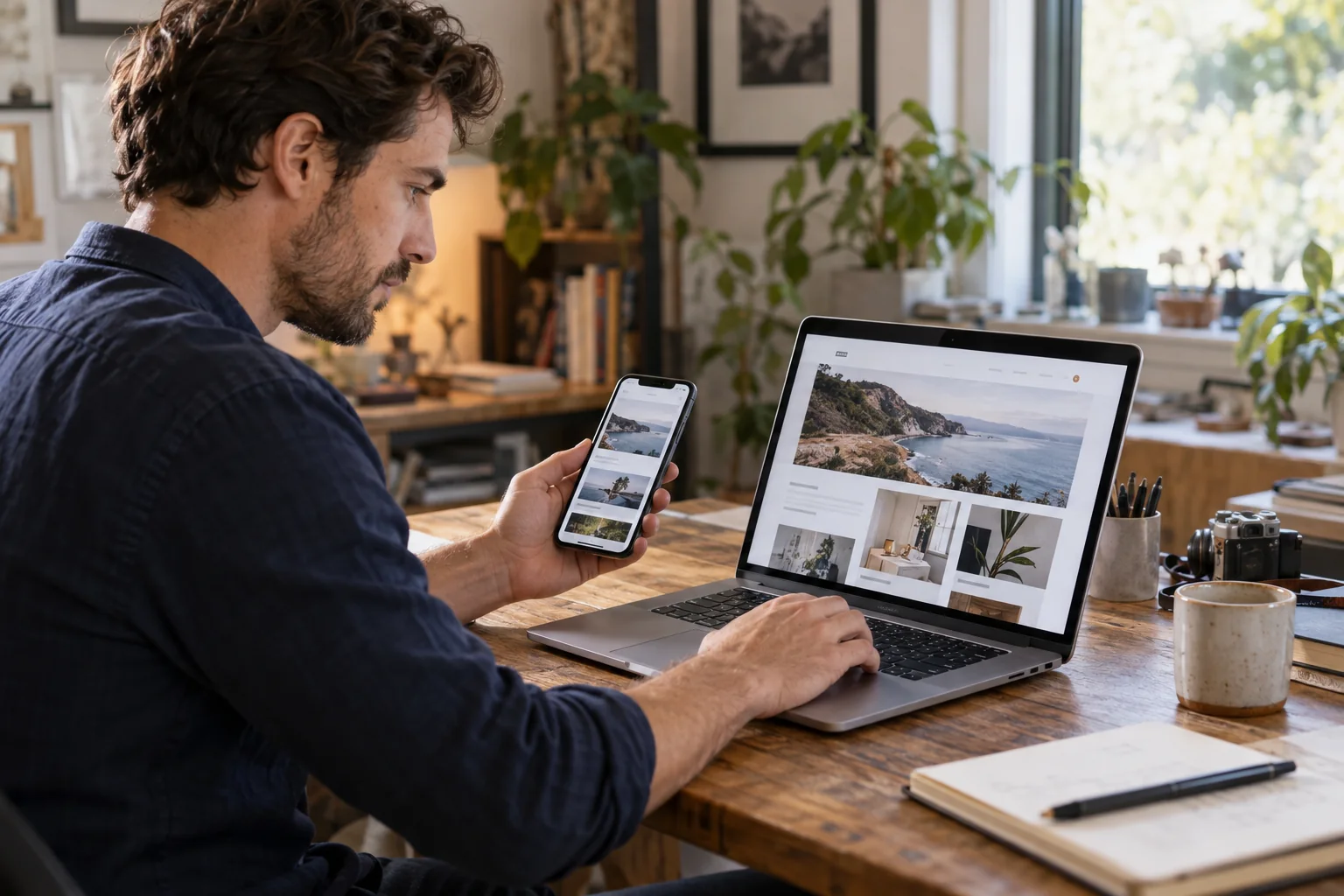 A website designer checking a page on a laptop and smartphone